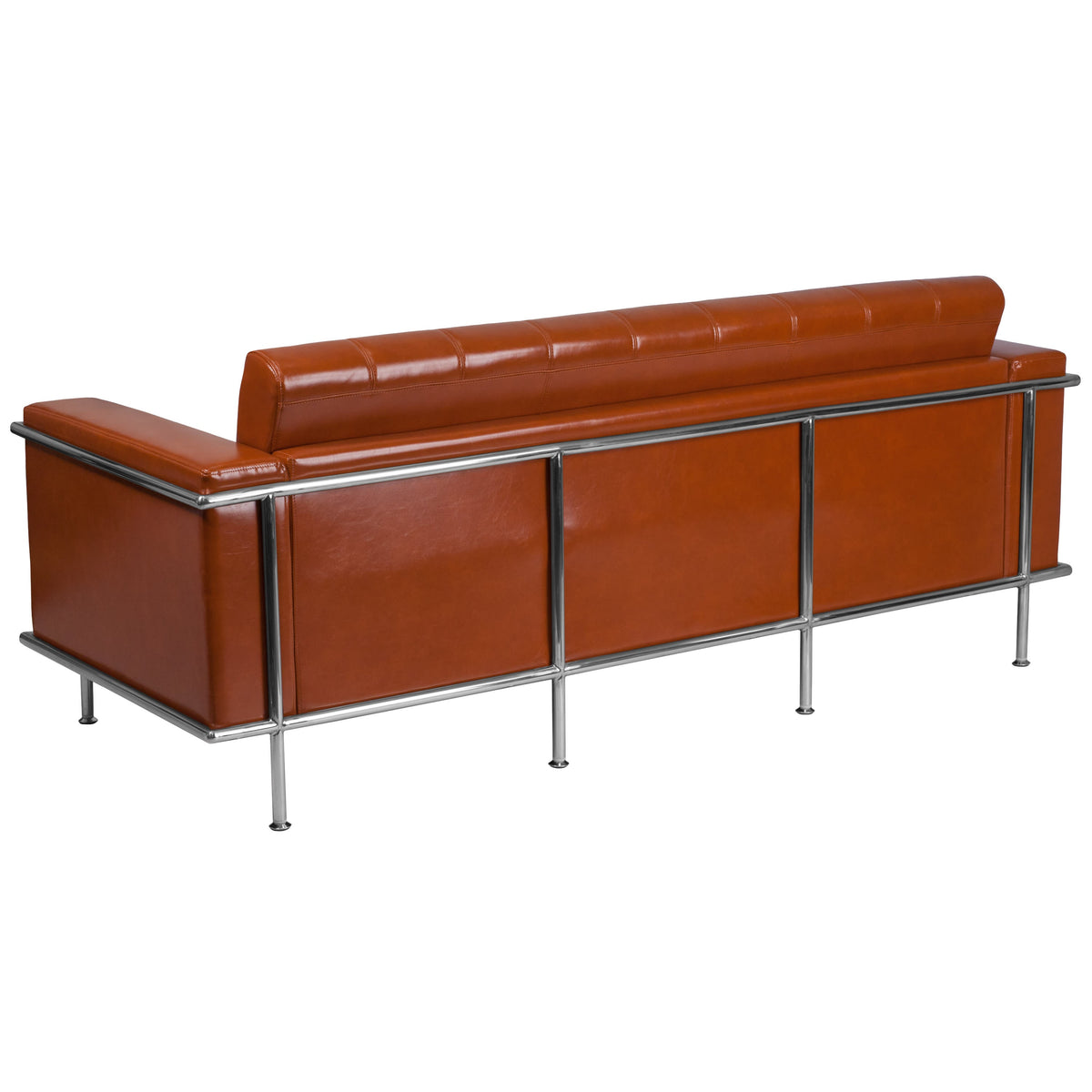 Cognac |#| Contemporary Cognac LeatherSoft Double Stitch Detail Sofa w/Encasing Frame