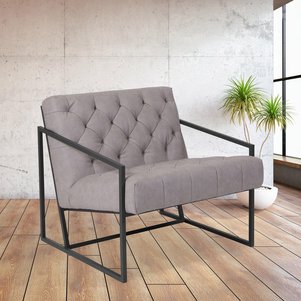 Retro Light Gray |#| Retro Lt Gray LeatherSoft Tufted Lounge Chair w/ Integrated Frame & Slanted Arms