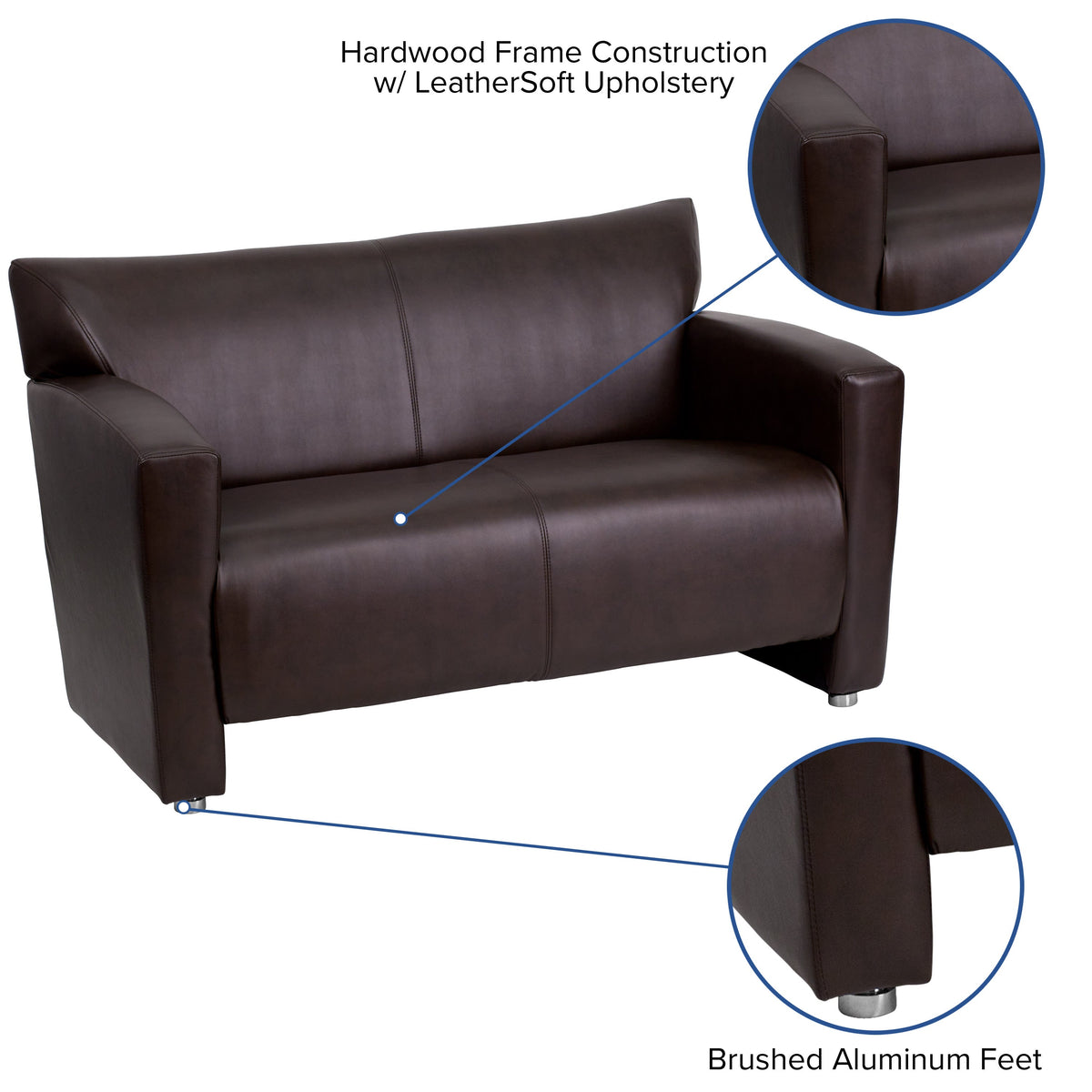 Brown |#| Brown LeatherSoft Loveseat w/ Extended Panel Arms - Reception & Lounge Seating