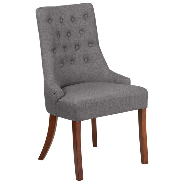 Gray Fabric |#| Gray Fabric Upholstered Button Tufted Chair with Curved Mahogany Legs