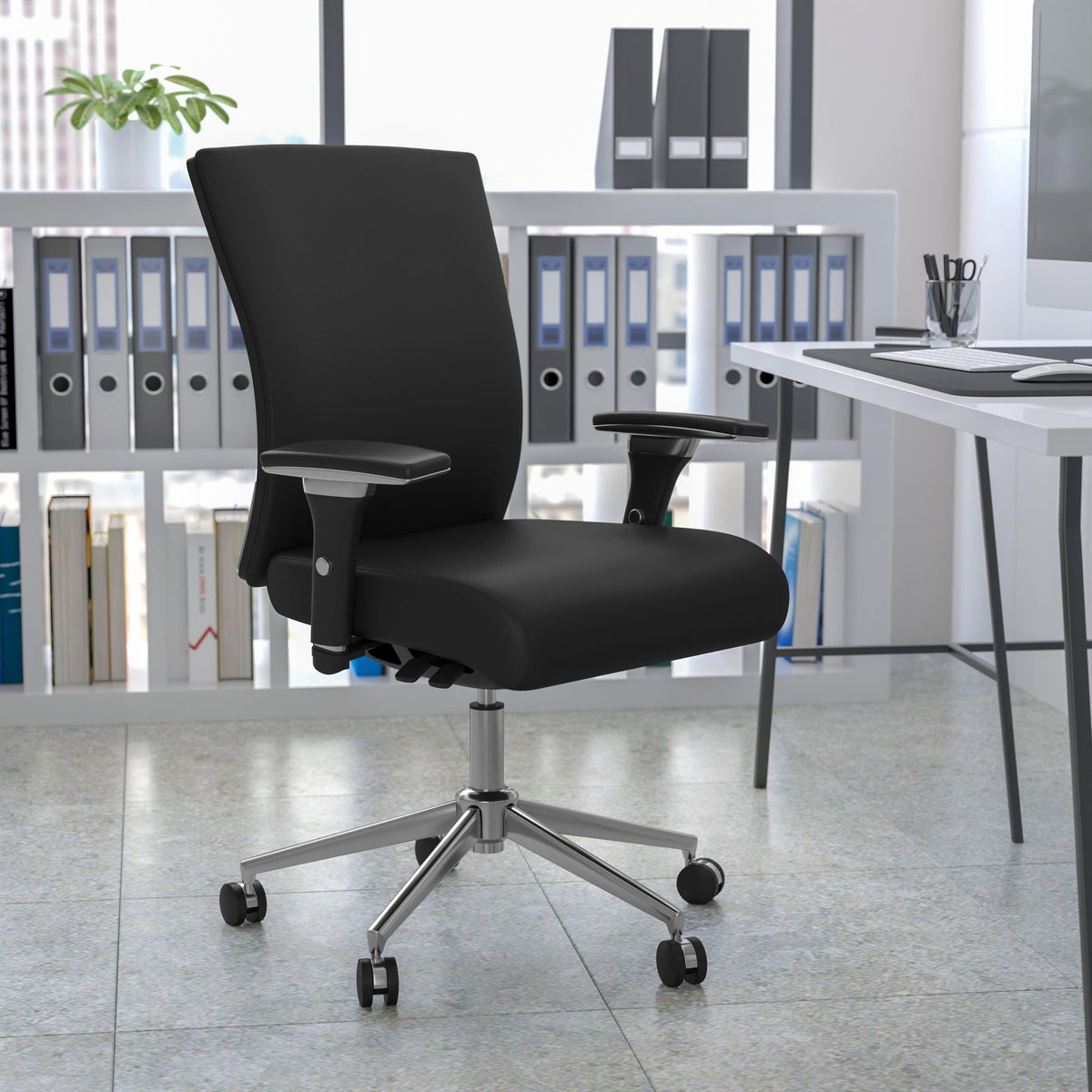 Black LeatherSoft |#| Intensive Use 300 lb. Rated Mid-Back Black LeatherSoft Multifunction Chair