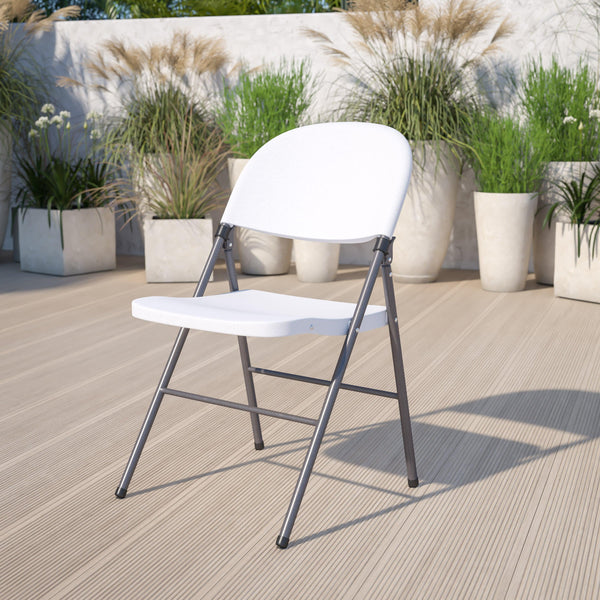 White |#| 330 lb. Capacity Granite White Plastic Folding Chair with Charcoal Frame