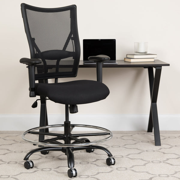 Big & Tall 400 lb. Rated Black Mesh Ergonomic Drafting Chair w/ Adjustable Arms