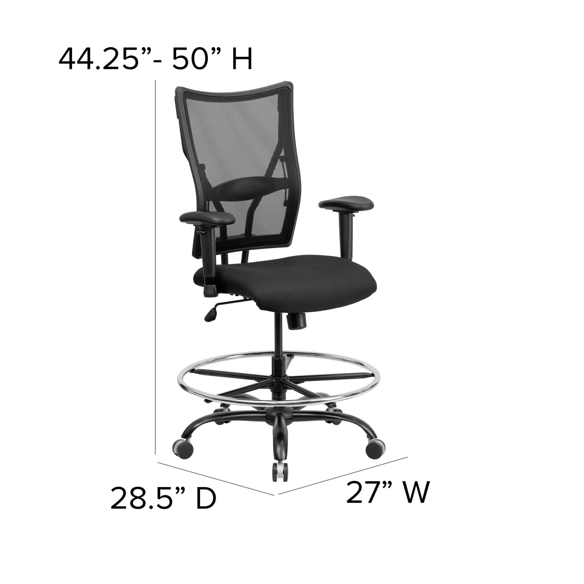 Big & Tall 400 lb. Rated Black Mesh Ergonomic Drafting Chair w/ Adjustable Arms