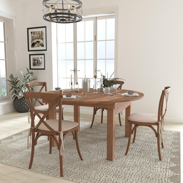 60inch Round Solid Pine Folding Farm Dining Table Set with 4 Cross Back Chairs
