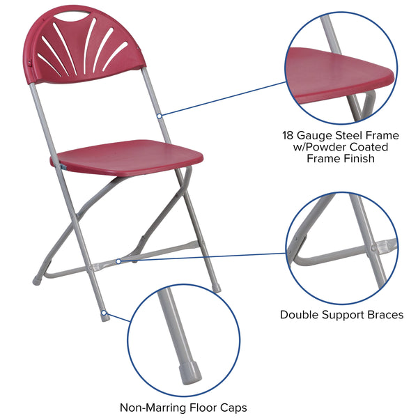 Burgundy |#| 650 lb. Capacity Burg Plastic Fan Back Folding Chair - Commercial & Event Chairs