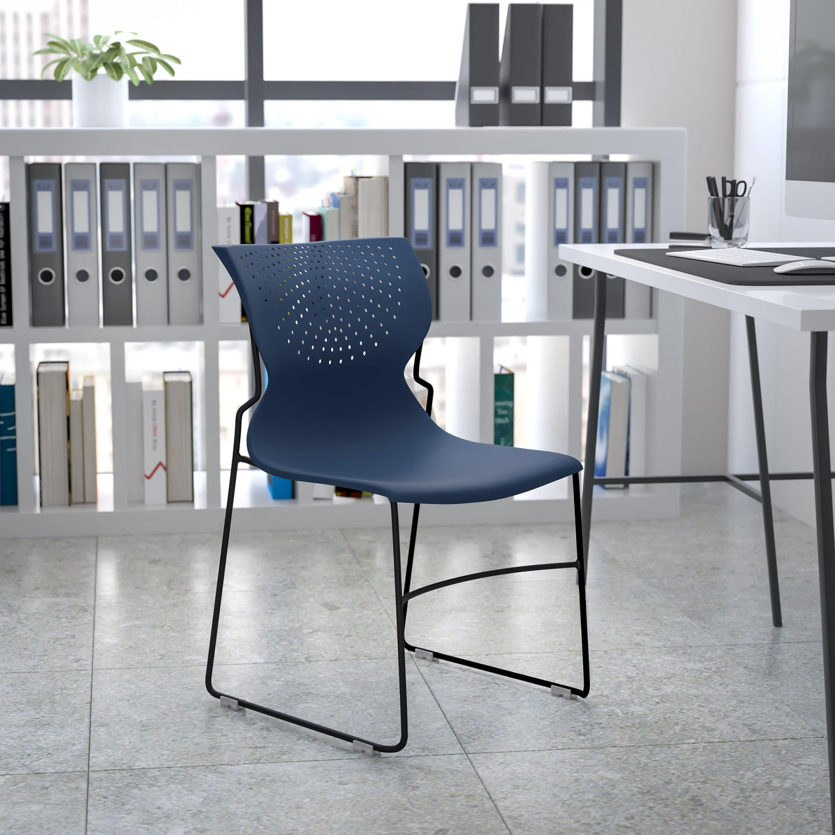 Navy |#| Home and Office Navy Full Back Stack Chair with Gray Frame - Guest Chair