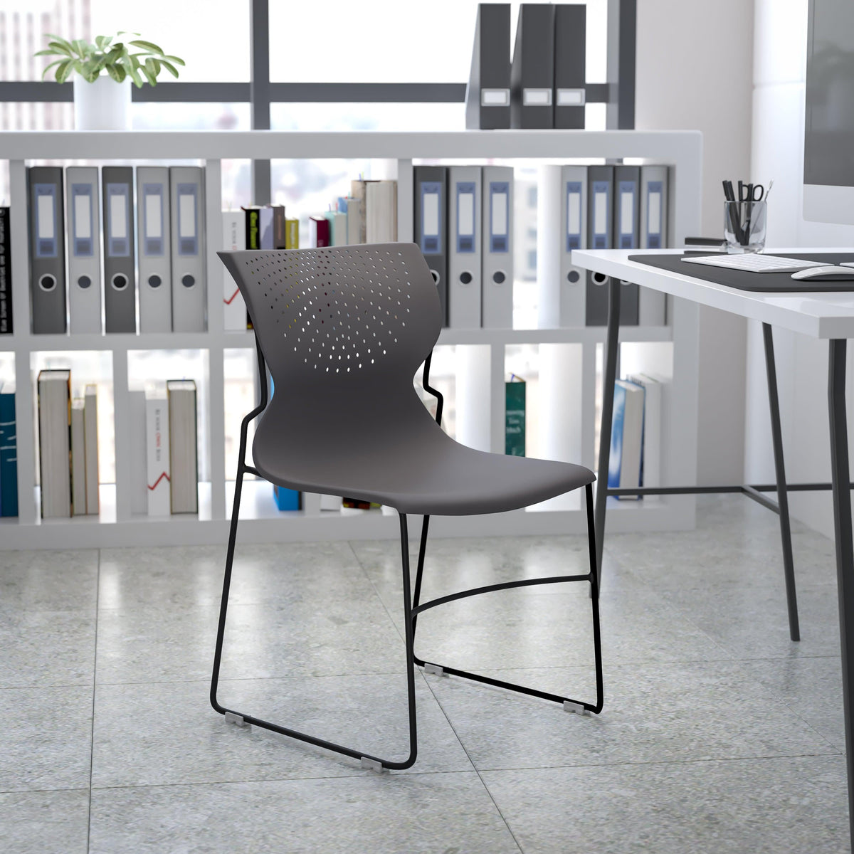 Gray |#| Home and Office Gray Full Back Stack Chair with Black Frame - Guest Chair