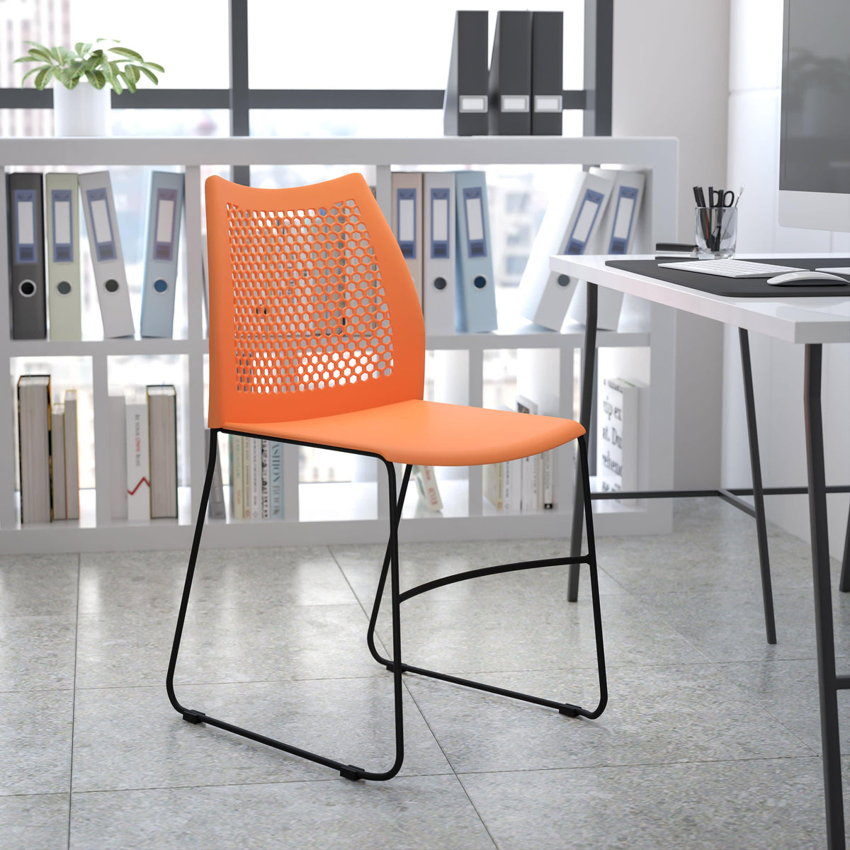 Orange |#| 661 lb. Capacity Orange Sled Base Stack Chair with Air-Vent Back