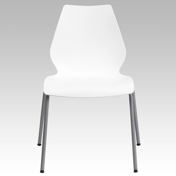 White |#| 770 lb. Capacity White Stack Chair with Lumbar Support and Silver Frame