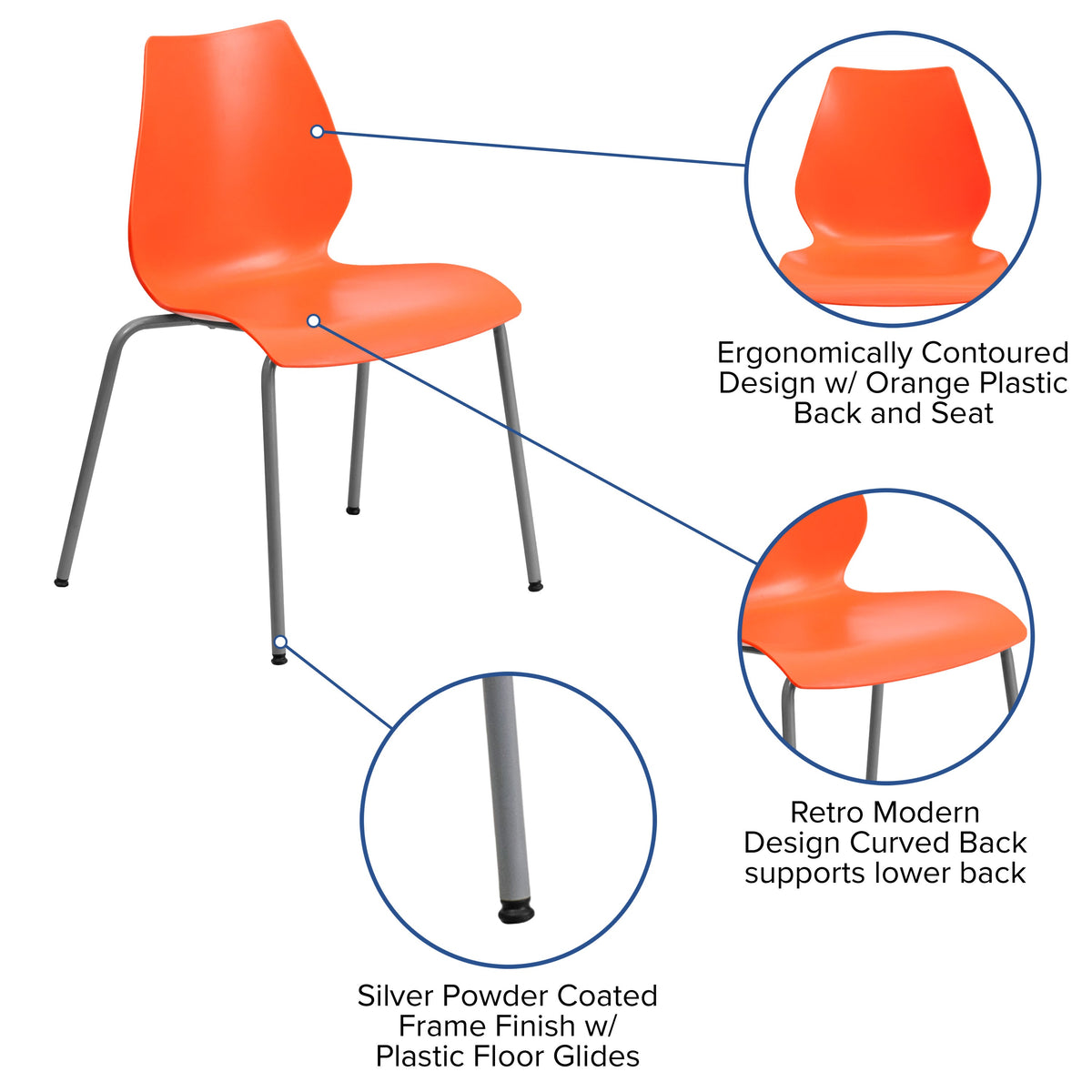 Orange |#| 770 lb. Capacity Orange Stack Chair with Lumbar Support and Silver Frame