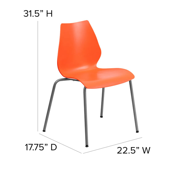 Orange |#| 770 lb. Capacity Orange Stack Chair with Lumbar Support and Silver Frame