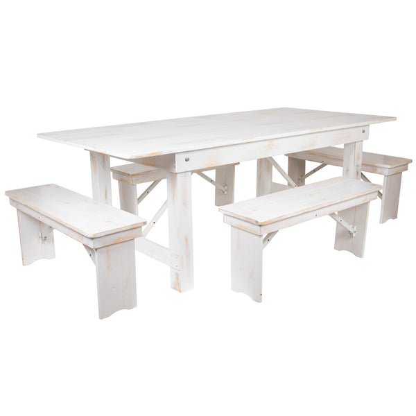 Antique Rustic White |#| 5 Piece Set-7' x 40inch Antique Rustic White Folding Farm Table and Four Bench Set