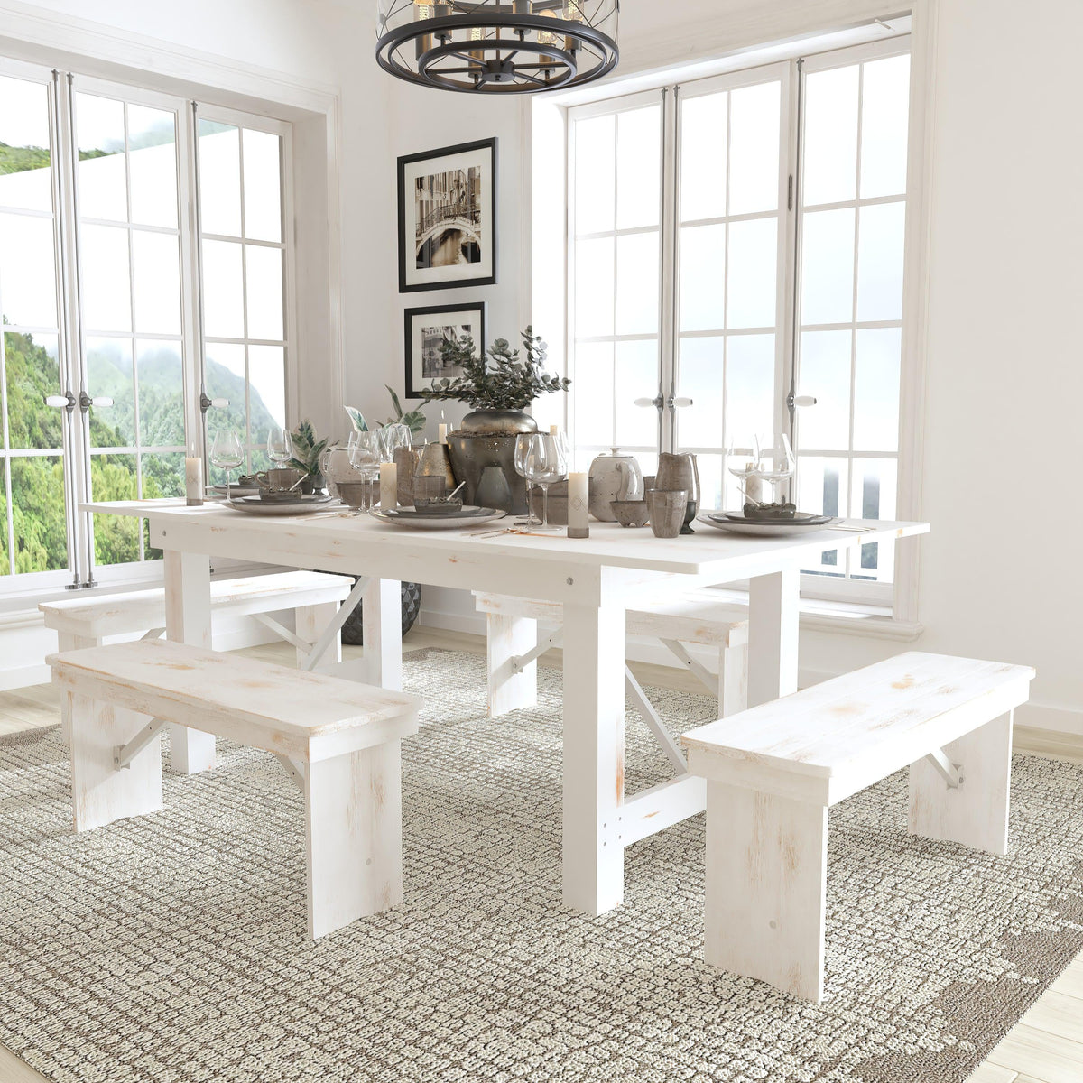 Antique Rustic White |#| 5 Piece Set-7' x 40inch Antique Rustic White Folding Farm Table and Four Bench Set