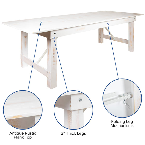 Antique Rustic White |#| 5 Piece Set-7' x 40inch Antique Rustic White Folding Farm Table and Four Bench Set