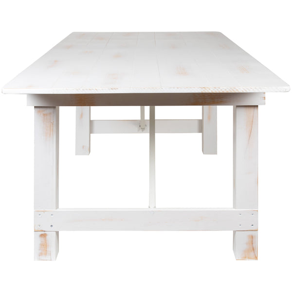 Antique Rustic White |#| 5 Piece Set-7' x 40inch Antique Rustic White Folding Farm Table and Four Bench Set