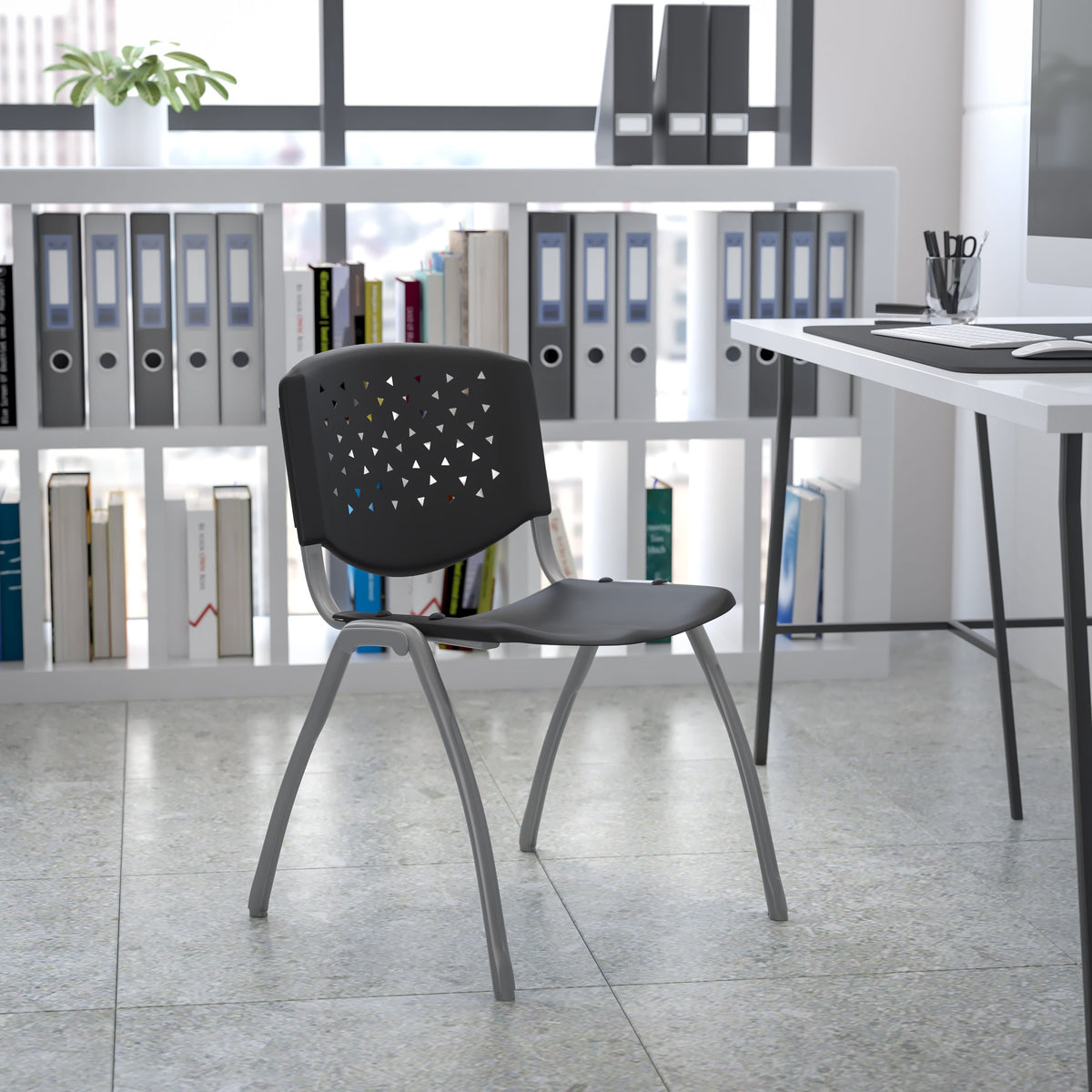 Black |#| 880 lb. Capacity Black Perforated Back Plastic Stack Chair with Gray Frame