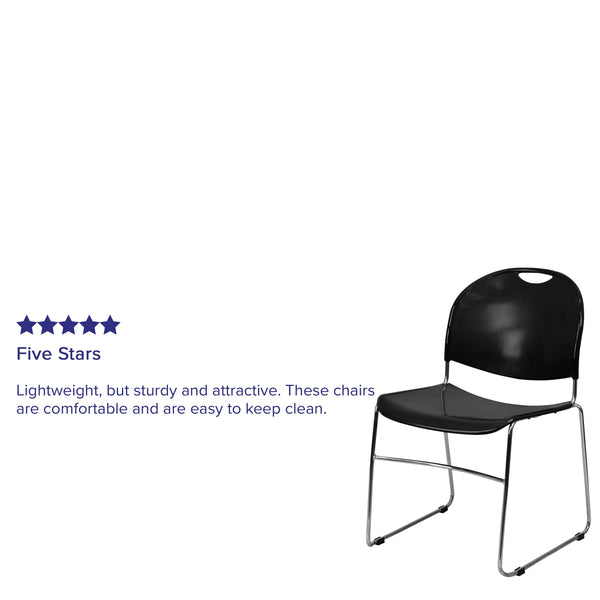 Black Plastic/Chrome Frame |#| 880 lb. Capacity Black Ultra-Compact Stack Chair with Chrome Frame