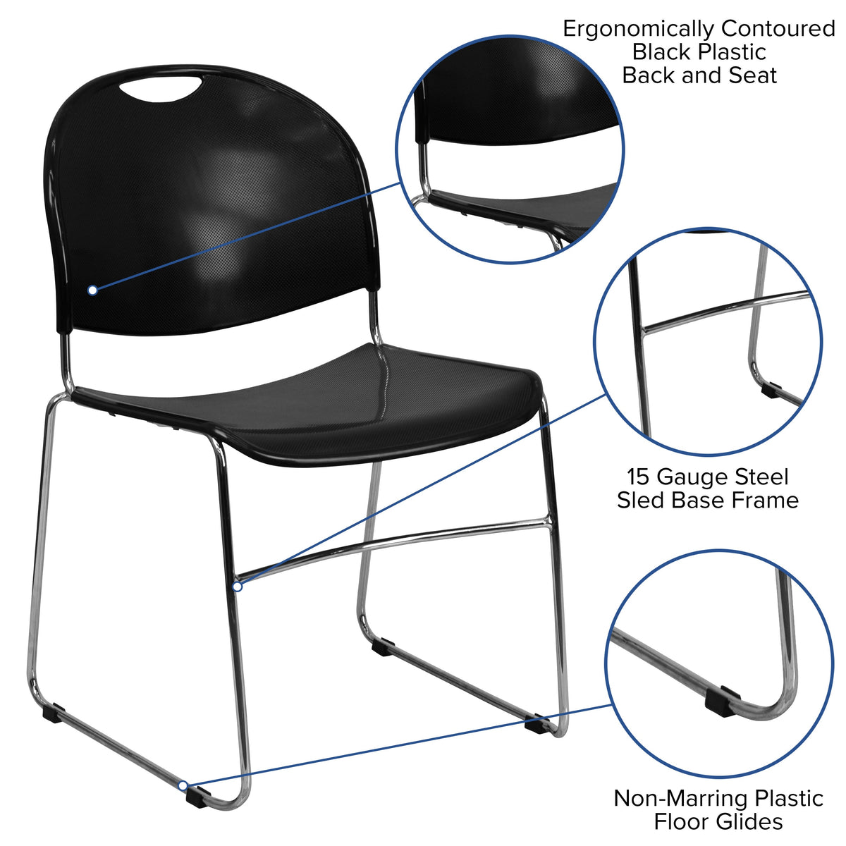 Black Plastic/Chrome Frame |#| 880 lb. Capacity Black Ultra-Compact Stack Chair with Chrome Frame