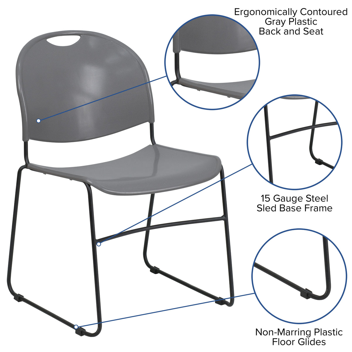 Gray Plastic/Black Frame |#| 880 lb. Capacity Gray Ultra-Compact Stack Chair with Black Frame