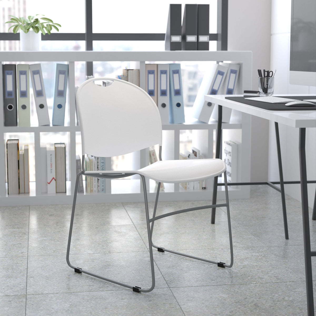 White Plastic/Silver Frame |#| White Ultra-Compact School Stack Chair - Office Guest Chair/Student Chair