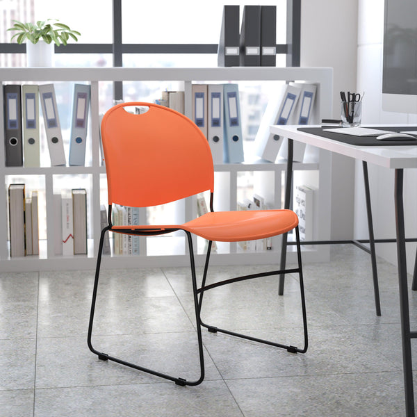 Orange Plastic/Black Frame |#| Orange Ultra-Compact School Stack Chair - Office Guest Chair/Student Chair