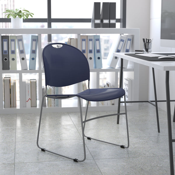 Navy Plastic/Silver Frame |#| Navy Ultra-Compact School Stack Chair - Office Guest Chair/Student Chair