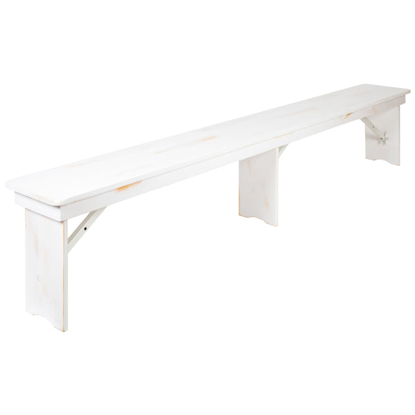 Antique Rustic White |#| 8' x 12" Antique Rustic White Solid Pine Folding Farm Bench - Portable Bench