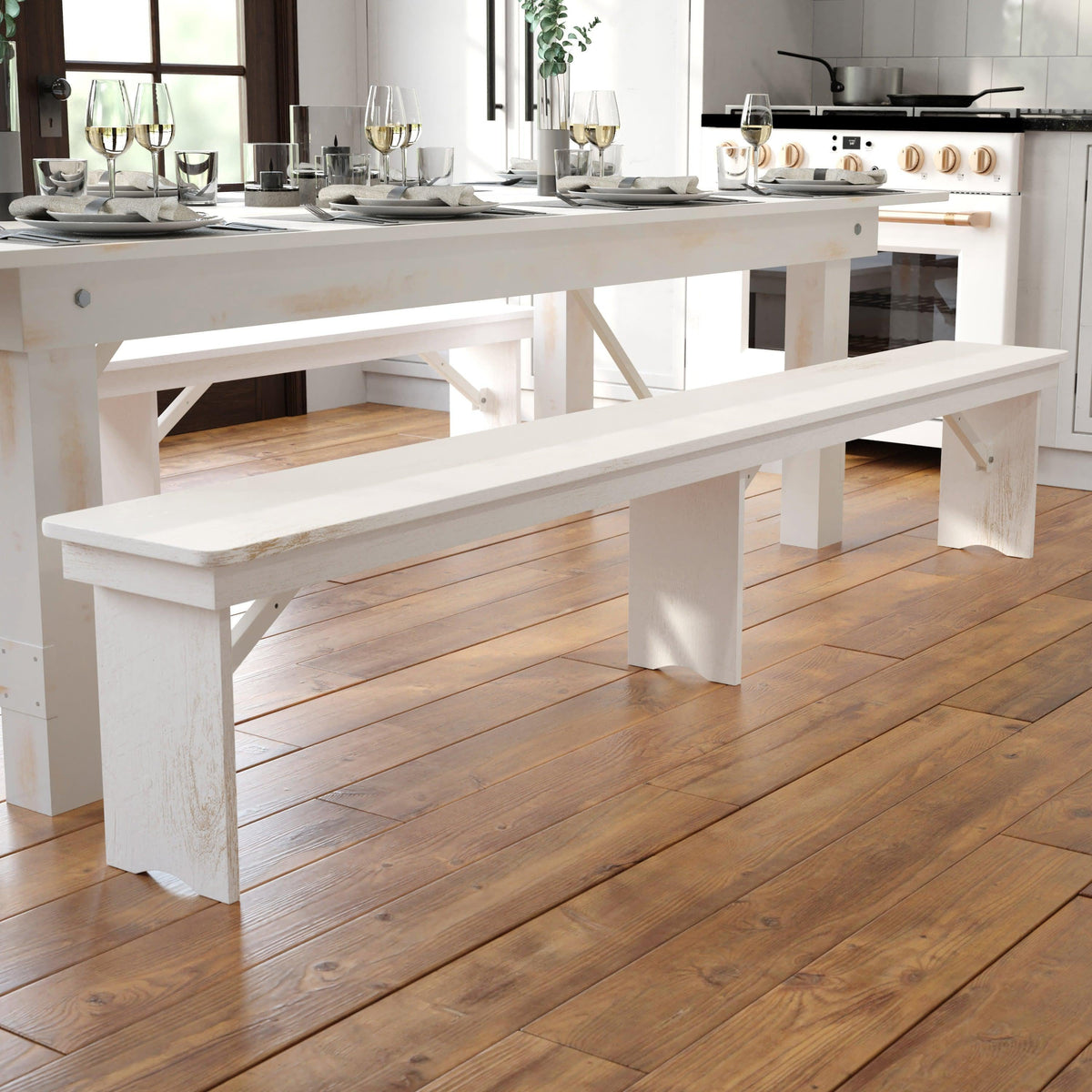 Antique Rustic White |#| 8' x 12" Antique Rustic White Solid Pine Folding Farm Bench - Portable Bench