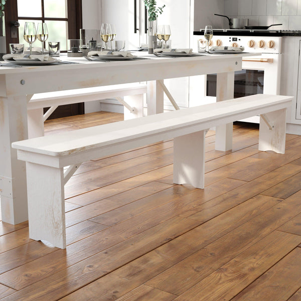 Antique Rustic White |#| 8' x 12" Antique Rustic White Solid Pine Folding Farm Bench - Portable Bench