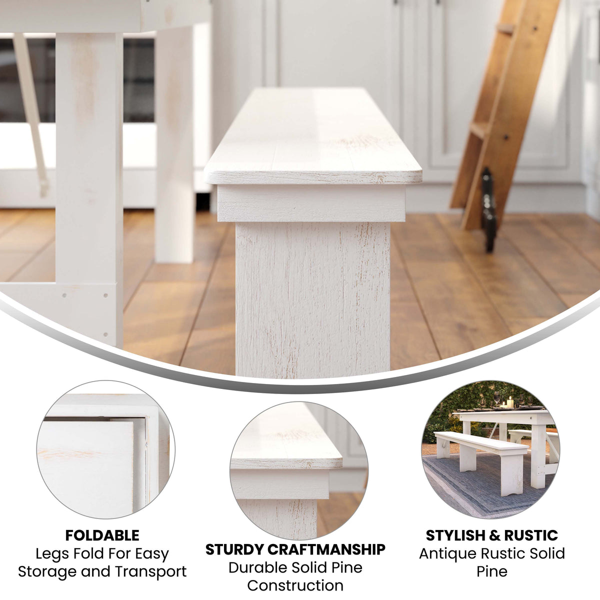 Antique Rustic White |#| 8' x 12" Antique Rustic White Solid Pine Folding Farm Bench - Portable Bench