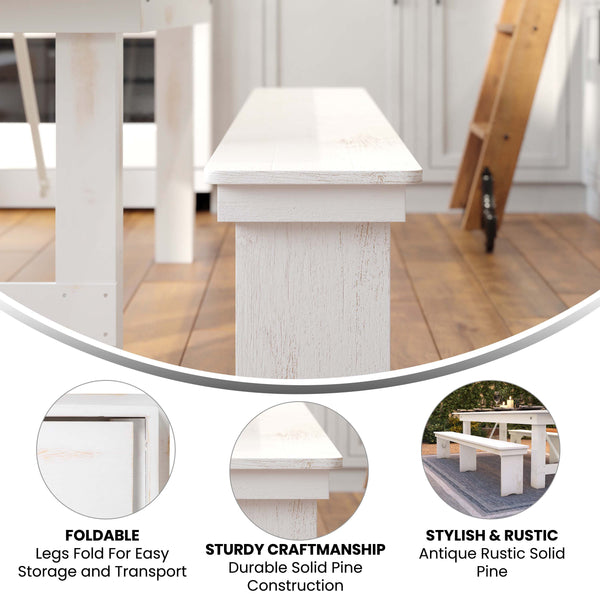 Antique Rustic White |#| 8' x 12" Antique Rustic White Solid Pine Folding Farm Bench - Portable Bench