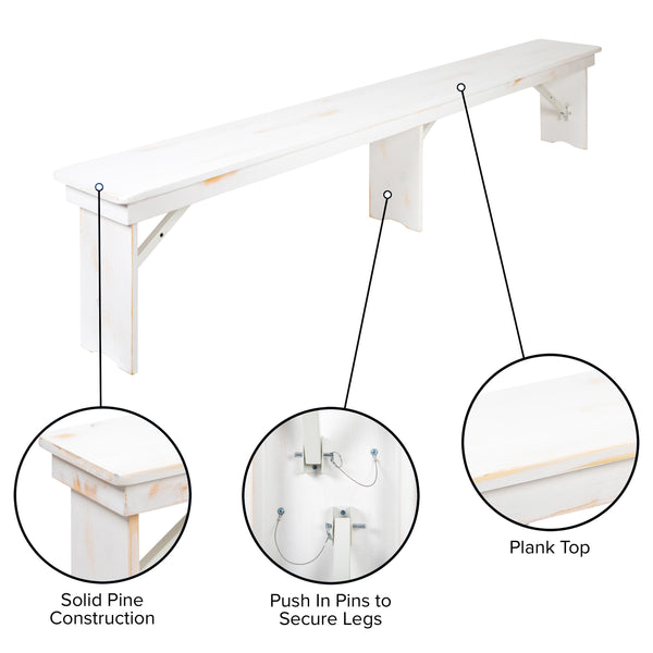 Antique Rustic White |#| 8' x 12" Antique Rustic White Solid Pine Folding Farm Bench - Portable Bench