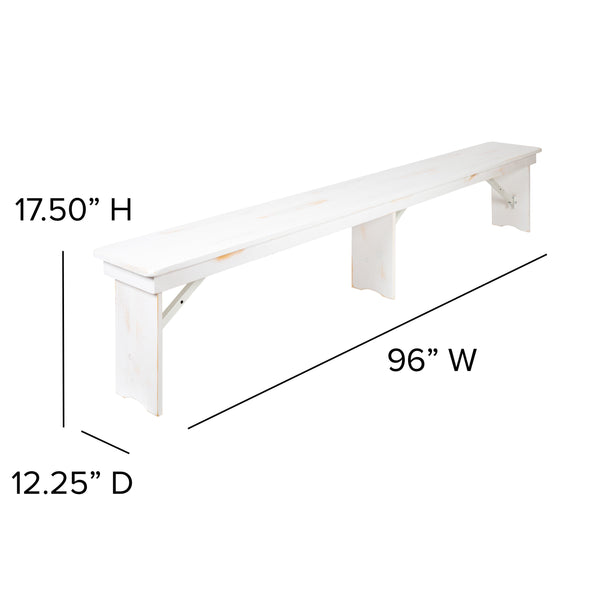 Antique Rustic White |#| 8' x 12" Antique Rustic White Solid Pine Folding Farm Bench - Portable Bench