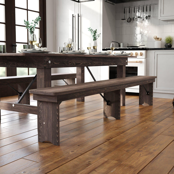 Mahogany |#| 8' x 12" Solid Pine Folding Farm Bench with 3 Legs in Antique Rustic Mahogany