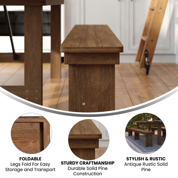 Antique Rustic |#| 8' x 12" Antique Rustic Solid Pine Folding Farm Bench with 3 Legs