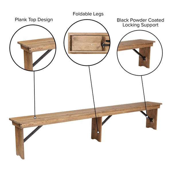 Antique Rustic |#| 8' x 12" Antique Rustic Solid Pine Folding Farm Bench with 3 Legs