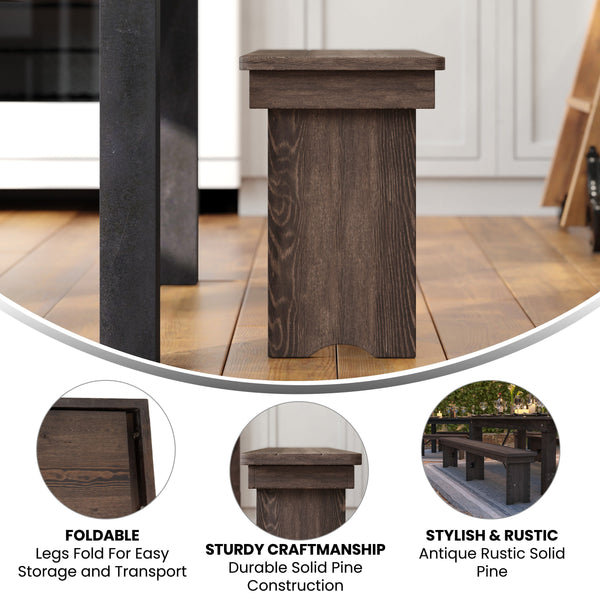 Mahogany |#| 8' x 12" Solid Pine Folding Farm Bench with 3 Legs in Antique Rustic Mahogany
