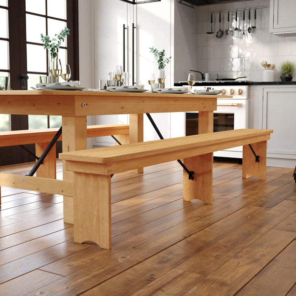 Light Natural |#| 8' x 12" Solid Pine Folding Farm Bench with 3 Legs-Antique Rustic Light Natural