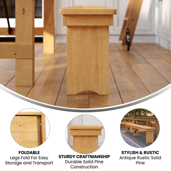 Light Natural |#| 8' x 12" Solid Pine Folding Farm Bench with 3 Legs-Antique Rustic Light Natural
