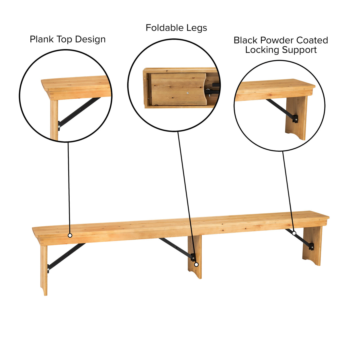 Light Natural |#| 8' x 12" Solid Pine Folding Farm Bench with 3 Legs-Antique Rustic Light Natural