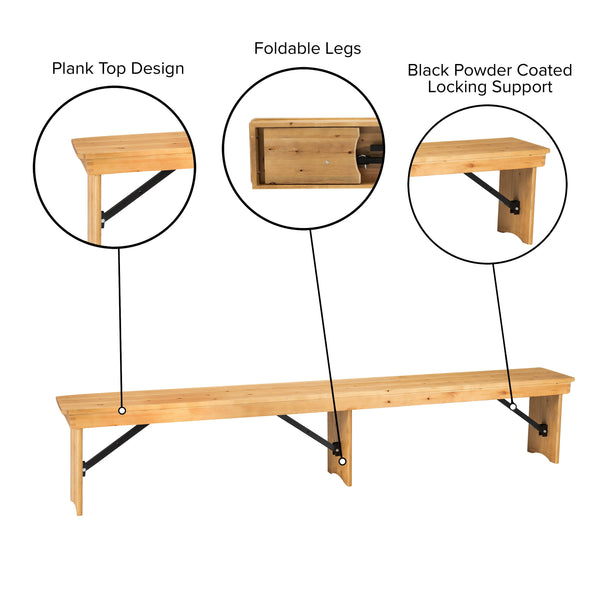 Light Natural |#| 8' x 12" Solid Pine Folding Farm Bench with 3 Legs-Antique Rustic Light Natural