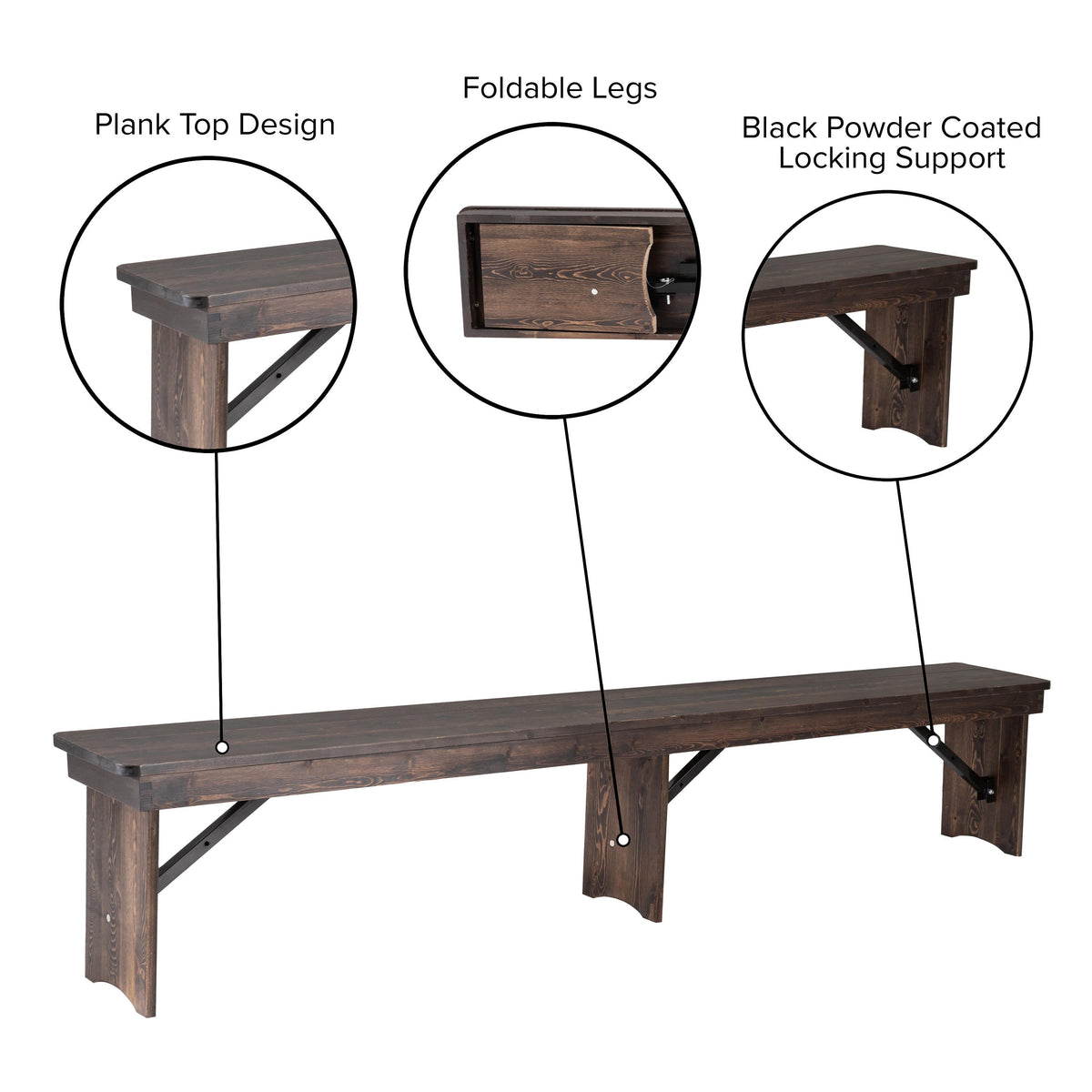 Mahogany |#| 8' x 12" Solid Pine Folding Farm Bench with 3 Legs in Antique Rustic Mahogany