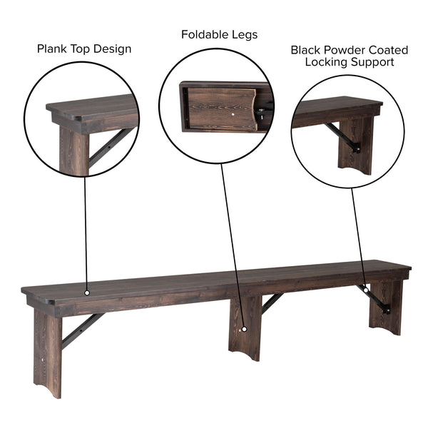 Mahogany |#| 8' x 12" Solid Pine Folding Farm Bench with 3 Legs in Antique Rustic Mahogany