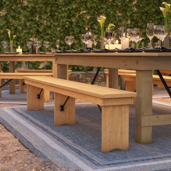 Light Natural |#| 8' x 12" Solid Pine Folding Farm Bench with 3 Legs-Antique Rustic Light Natural