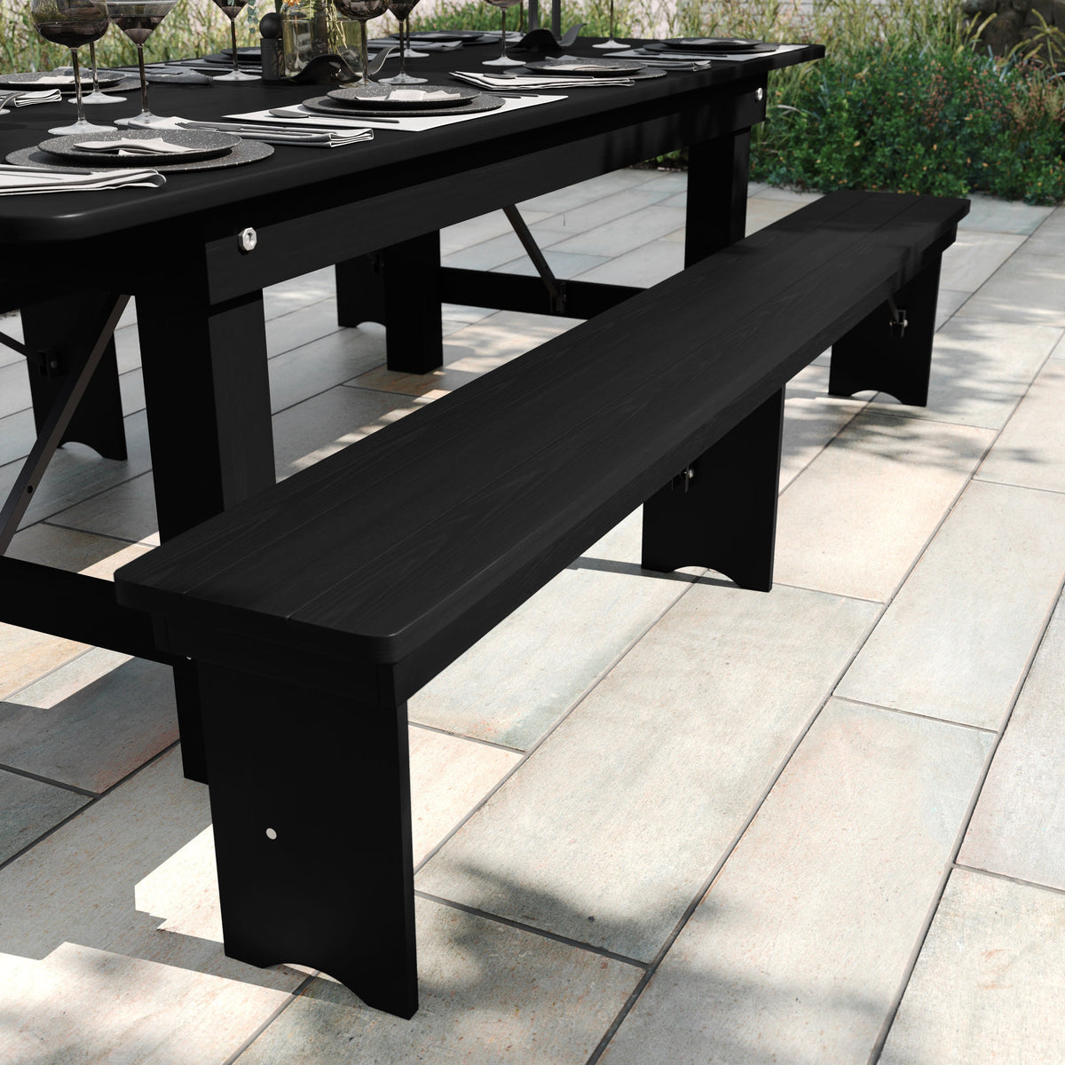 Black Wash |#| 8' x 12" Antique Solid Pine Farmhouse Folding Bench in Black Wash