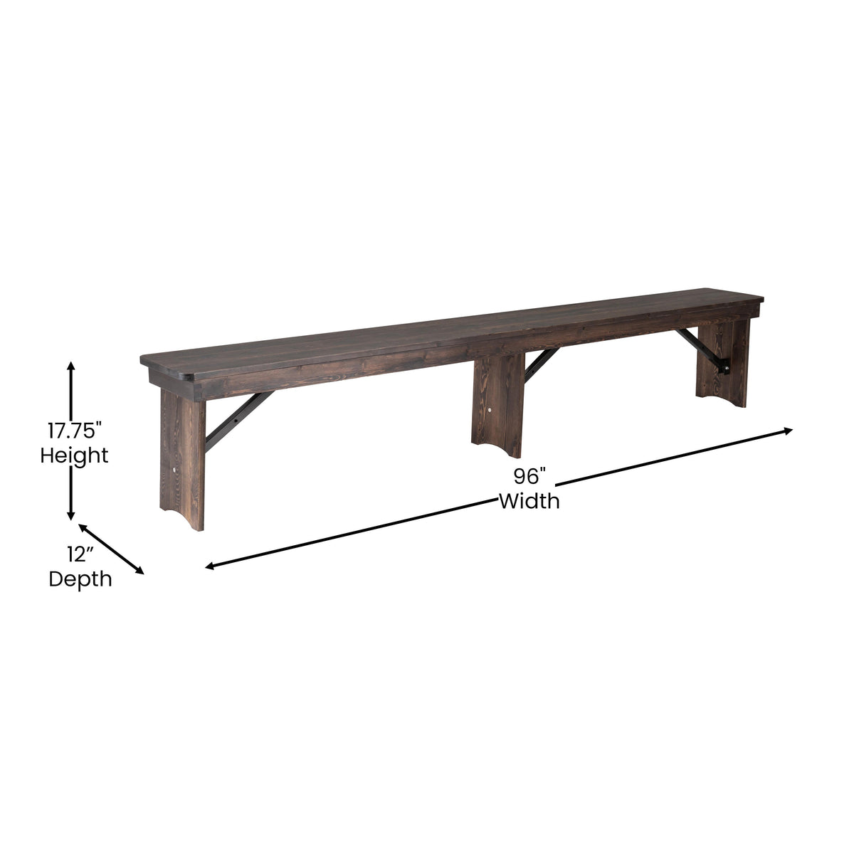 Mahogany |#| 8' x 12" Solid Pine Folding Farm Bench with 3 Legs in Antique Rustic Mahogany