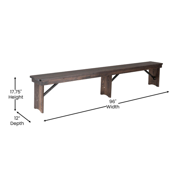 Mahogany |#| 8' x 12" Solid Pine Folding Farm Bench with 3 Legs in Antique Rustic Mahogany