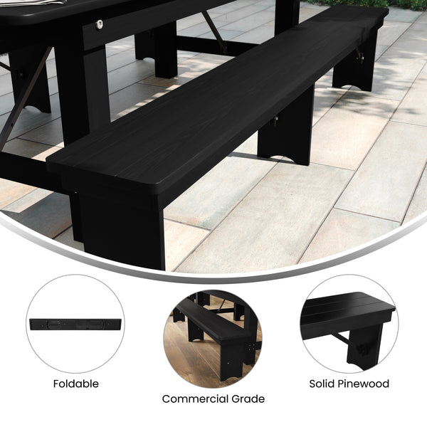 Black Wash |#| 8' x 12" Antique Solid Pine Farmhouse Folding Bench in Black Wash