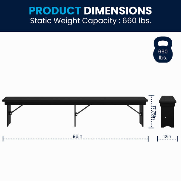 Black Wash |#| 8' x 12" Antique Solid Pine Farmhouse Folding Bench in Black Wash